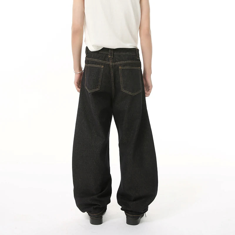 Men's Jeans New Niche Curved Knife Design Straight Wide Leg Trendy Solid Color Washed Male Bottoms American Style 9W1838