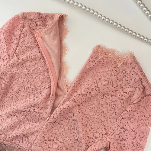 Load image into Gallery viewer, Autumn Winter Vintage Sweet Pink Lace V Neck Bandage Dress French Women's Elegant Long Sleeved Slim Birthday Party Dress Fashion
