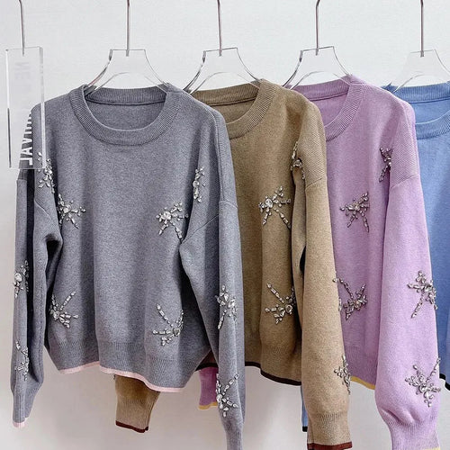 Load image into Gallery viewer, High Quality Women&#39;s Short Pullover Sweater Female Diamond Beading Warm Thick Winter Knitted Oversized Sweater C-236
