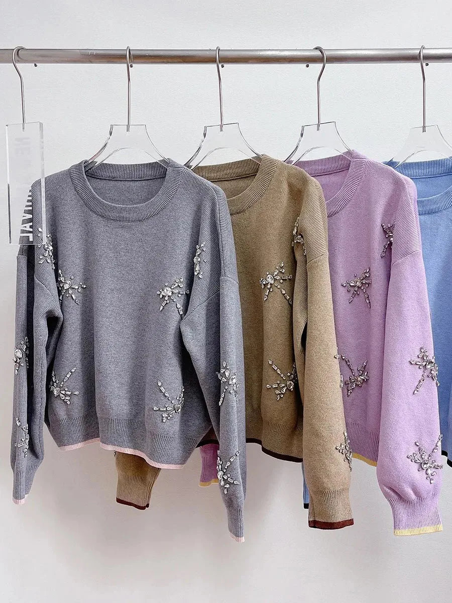 High Quality Women's Short Pullover Sweater Female Diamond Beading Warm Thick Winter Knitted Oversized Sweater C-236