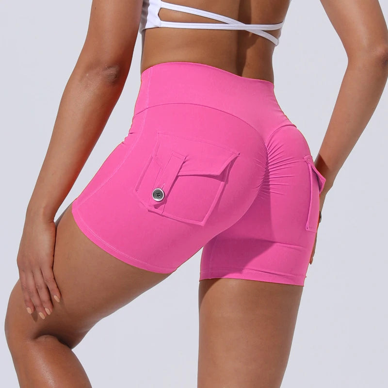 S-XL Nylon Women Scrunch Button Booty Sports Yoga Shorts Cycling Jogging Fitness High Waist Squat Proof Gym Active Leggings