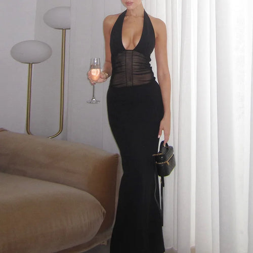 Load image into Gallery viewer, Mesh See Through Halter Sexy Maxi Dress Women Gown Fashion Deep V Neck Sleeveless Backless Bodycon Long Dress Elegant
