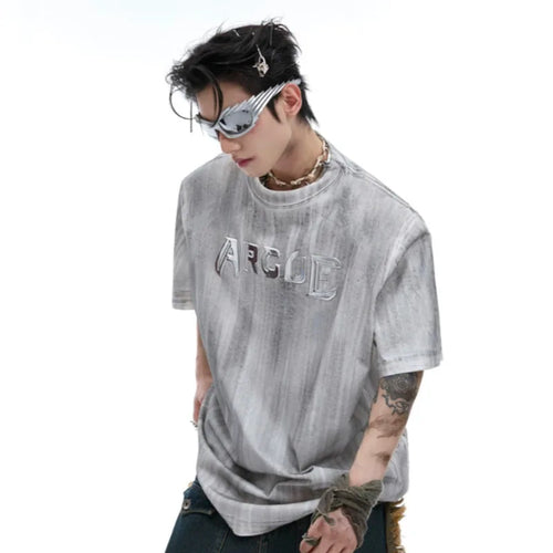 Load image into Gallery viewer, Niche Silver Brush Men T-shirts Letters Printing Short Sleeved Metal Shoulder Pads Round Neck Male Tops Fashion 24E1292
