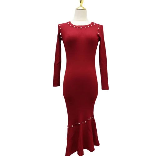 Load image into Gallery viewer, Vintage Women's Autumn Winter Solid Pearl Temperament Long Sleeved Knit Dress French Round Neck Festival Fashion Fishtail Dress
