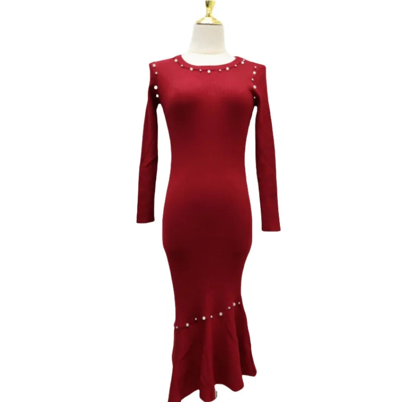 Vintage Women's Autumn Winter Solid Pearl Temperament Long Sleeved Knit Dress French Round Neck Festival Fashion Fishtail Dress