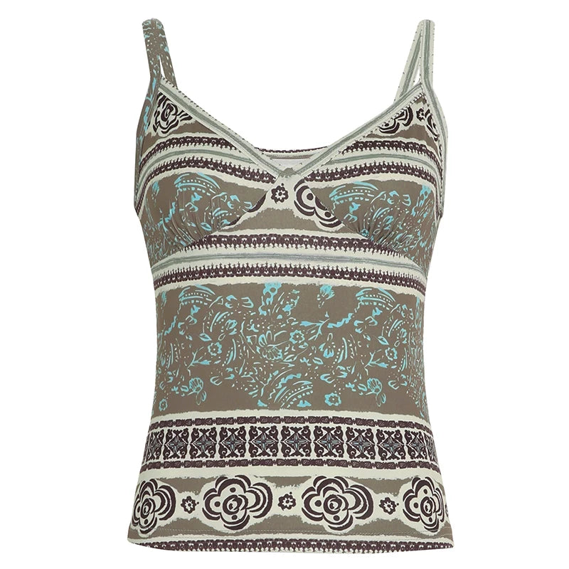 Fashion Bohemia Style Printed V-Neck Camisole Women Summer Vintage Mini Slimming Sleeveles Top 2000s Sexy Clothes New