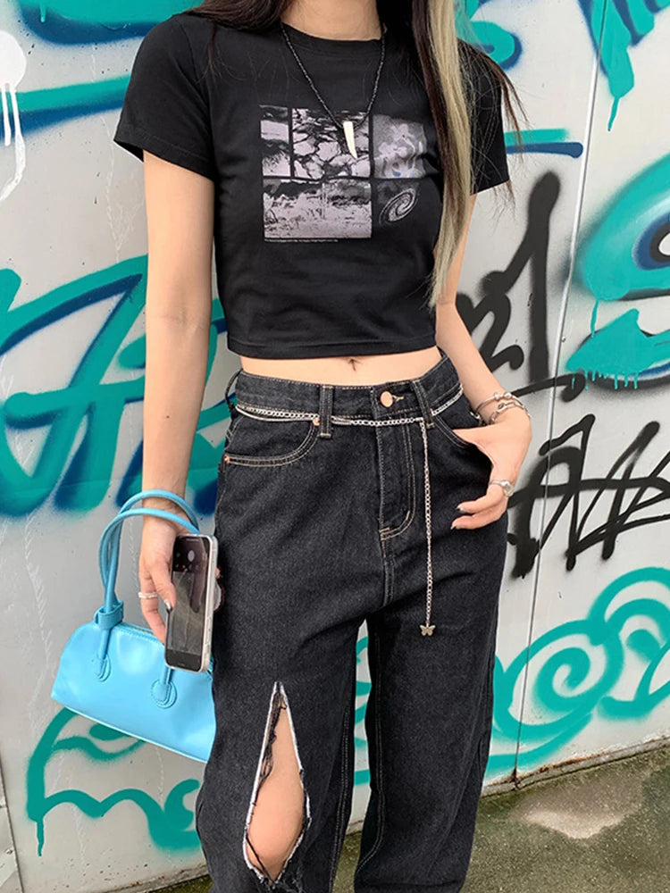 90s Black Gothic Harajuku Vintage Grunge Graphic Slim Fit Short Crop Top Women's Streetwear Sexy Summer Y2K Punk Casual T-Shirt