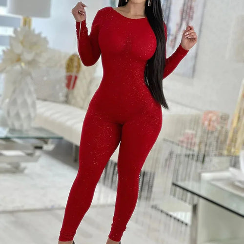 Load image into Gallery viewer, Sexy Tight Shiny Long Sleeve Jumpsuit Women Backless Skinny Elastic Slim Fit Jumpsuit Casual Charm Party Club Autumn New
