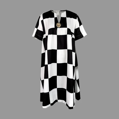 Load image into Gallery viewer, Women Summer Midi Dresses 2025 Black White Plaid Appliques Deep V-Neck Simple Casual Plus Size Dress for Women Fashion
