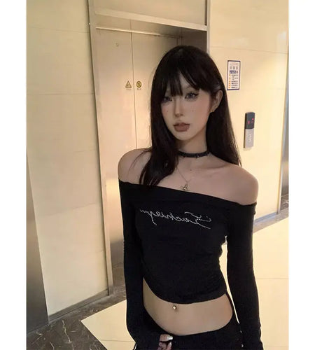 Diamond Crop Tops Korean Fashion T Shirts Women Long Sleeve Slash Neck Tunic Tees Y2k Tshirt Casual Fashion Summer Sexy T-shirt