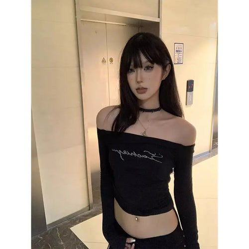 Load image into Gallery viewer, Diamond Crop Tops Korean Fashion T Shirts Women Long Sleeve Slash Neck Tunic Tees Y2k Tshirt Casual Fashion Summer Sexy T-shirt
