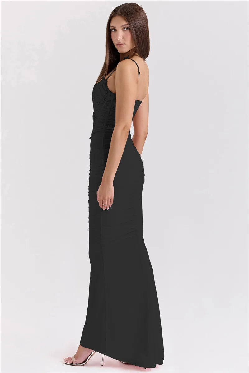 Bow Spaghetti Strap Sexy Maxi Dress For Women Gown Elegant Off-shoulder Sleeveless Backless Evening Club Party Dress