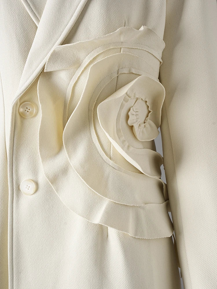 Beige Flower Elegant Long Warm Woolen Coat New Lapel Long Sleeve Women Jacket Fashion Tide Autumn Winter 2025 3WM2155