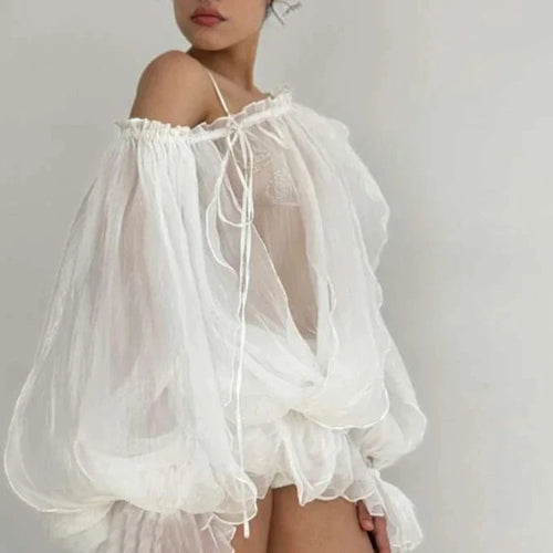 Load image into Gallery viewer, Transparent Mesh White Shirts &amp; Blouses Y2k Coquette Clothes Aesthetic Off Shoulder Flared Long Sleeve Tops C83-FC18
