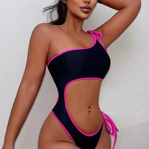 Load image into Gallery viewer, Sexy Asymmetric One Shoulder Cut Out One Piece Swimsuit 2024 Swimwear for Women Drawstring Bathing Suit Monokini
