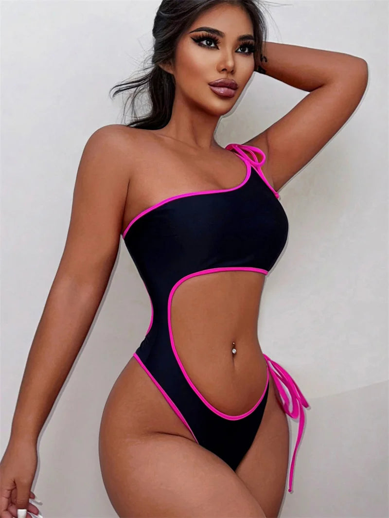 Sexy Asymmetric One Shoulder Cut Out One Piece Swimsuit 2024 Swimwear for Women Drawstring Bathing Suit Monokini