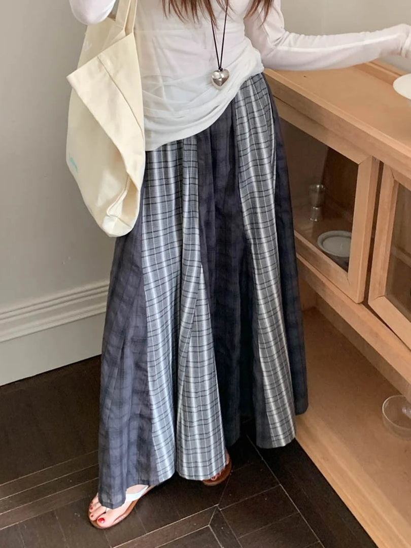 High Elastic Waist Gray Plaid Spliced Vintage A-line Half-body Skirt Women Fashion Tide New Spring Autumn 2025 1DJ1478