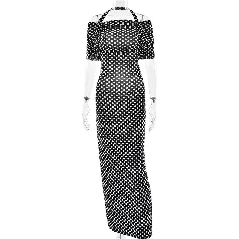 Off-shoulder Polka Dot Maxi Dress For Women Gown Fashion Halter Sleeveless Backless bodycon Split Long Dress Elegant