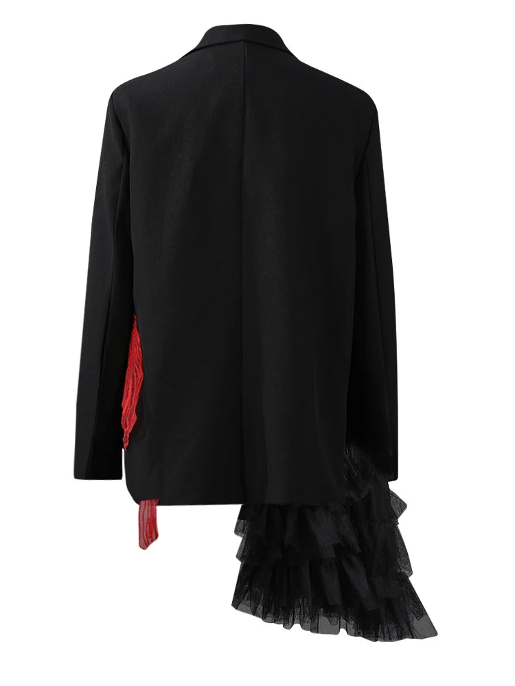 Women Black Mesh Irregular Fish Spliced Big Size Blazer New Lapel Long Sleeve Jacket Fashion Spring Autumn 2025 CPG2902