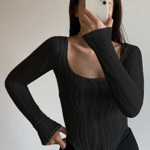 Load image into Gallery viewer, Slimming Solid Casual T Shirt For Women Sqaure Collar Long Sleeve Irregular Hem Minimalist T Shirts Female Fashion Clothing
