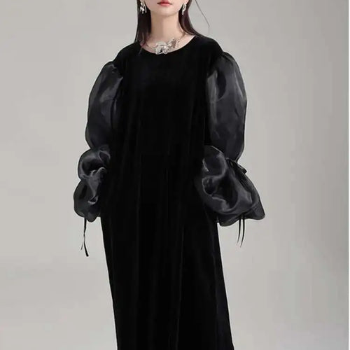Load image into Gallery viewer, Women Black Organza Velvet Elegnat Big Size Dress New Round Neck Long Puff Sleeve Fashion Tide Spring Autumn 2025 1DH2248
