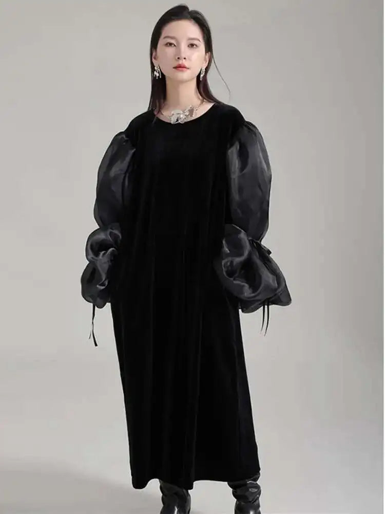 Women Black Organza Velvet Elegnat Big Size Dress New Round Neck Long Puff Sleeve Fashion Tide Spring Autumn 2025 1DH2248