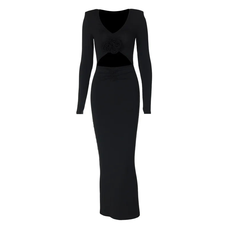 Elegant Flower Hollow Out Midi Dress For Women Black V Neck Long Sleeve Bodycon Sexy Dress Female Skinny Party Dress