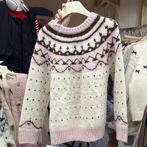 Load image into Gallery viewer, Vintage 2024 Women Pink Patchwork Elegant Knitted Sweater Autumn Winter Blue Long Sleeve Round Neck Pullover Tops Popular Trendy
