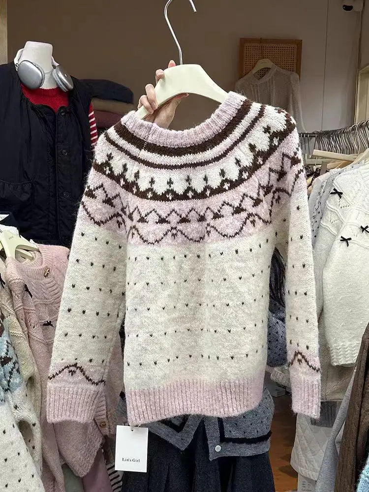 Vintage 2024 Women Pink Patchwork Elegant Knitted Sweater Autumn Winter Blue Long Sleeve Round Neck Pullover Tops Popular Trendy