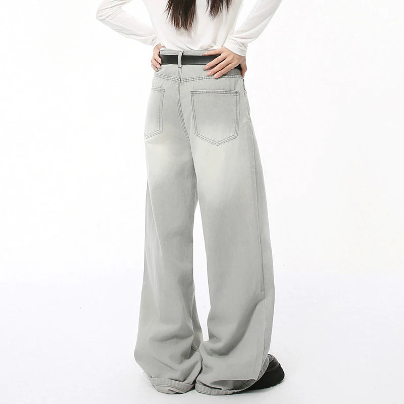 Loose Casual Men's Denim Pants New Cat Beard Washed Grinding White Light Grey Straight Wide Leg Jeans Four Seasons 9C4276