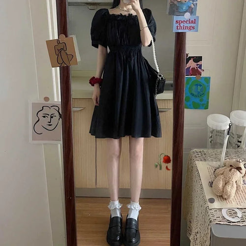 Load image into Gallery viewer, Balck Puff Sleeve Women Dresses Gothic Wrap Kawaii Cute Dress Goth Casual Sundress Dark Academia Clothes

