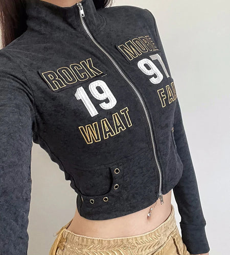 Harajuku Punk Turtleneck Jacket Zip-Up Bodycon Letter Embroidery Autumn Coat Crop Moto&Biker Style Appliques Outwear