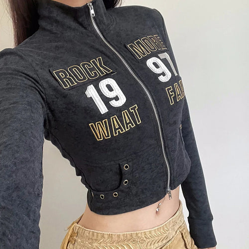 Load image into Gallery viewer, Harajuku Punk Turtleneck Jacket Zip-Up Bodycon Letter Embroidery Autumn Coat Crop Moto&amp;Biker Style Appliques Outwear
