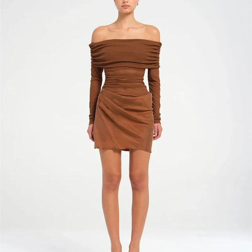 Load image into Gallery viewer, Hollow Out Off-shoulder Sexy Mini Dress Women Fashion Patchwork Strapless Long Sleeve Backless Ruched Club Dress
