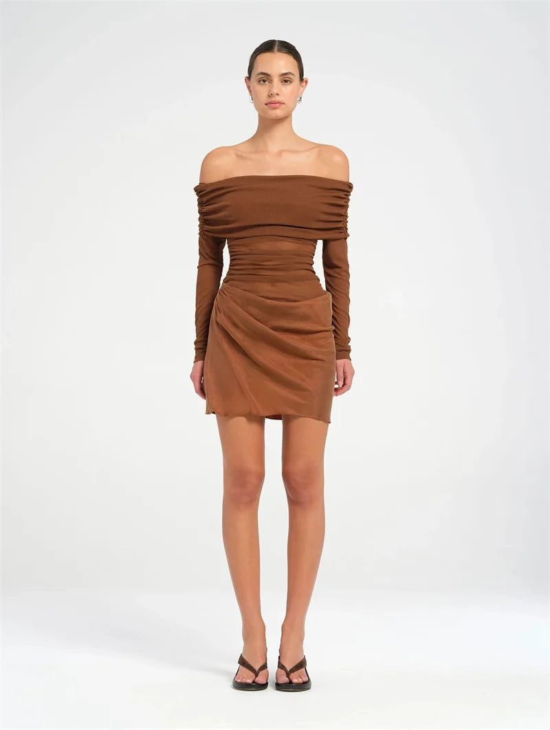 Hollow Out Off-shoulder Sexy Mini Dress Women Fashion Patchwork Strapless Long Sleeve Backless Ruched Club Dress