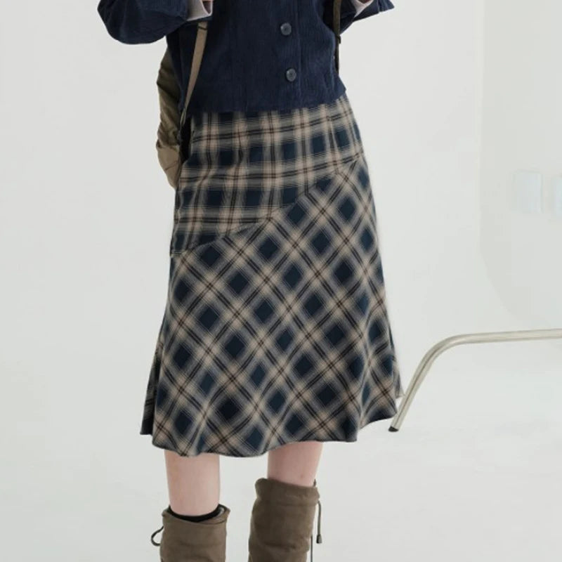 Vintage y2k England Style Midi Skirt Japanese Korean Chic Plaid Skirt Women Stitched Bottoms Preppy Checkered Outfits