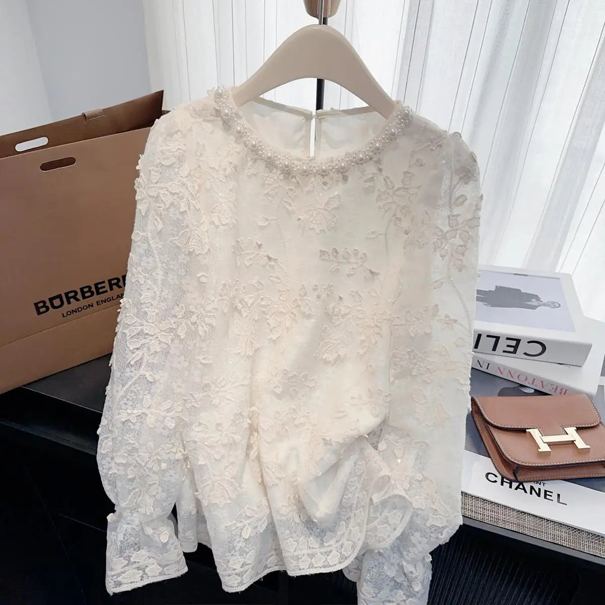 French Vintage Women White Lace Elegant Hollow Out Long Sleeve Shirt 2024 New Autumn Winter Pearl Round Neck Holiday Blouse Tops