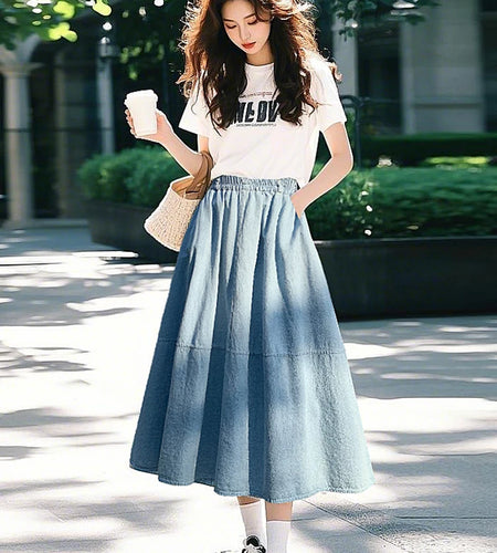 Korean Vintage Spring Summer Blue Elegant Vacation Pleated Long Skirt Women High Waist Versatile Skirt Ladies Streetwear Popular