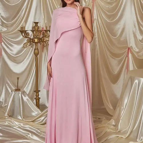 Load image into Gallery viewer, Pink Cape Sleeve Sexy Maxi Dress For Women Off-shoulder Backless Gown Elegant Skew Collar Lace-up Long Dress Vestido
