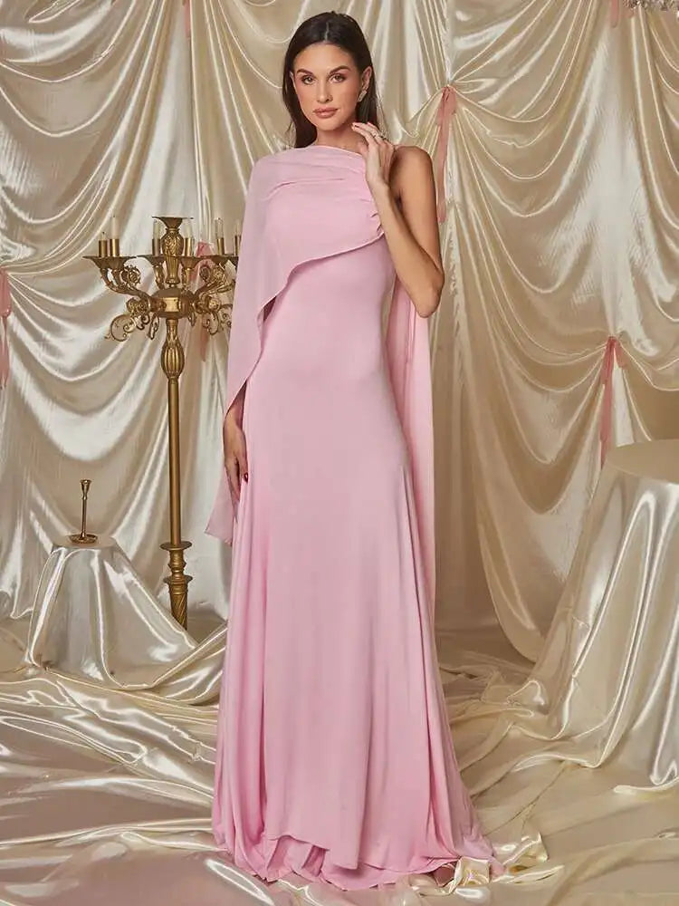Pink Cape Sleeve Sexy Maxi Dress For Women Off-shoulder Backless Gown Elegant Skew Collar Lace-up Long Dress Vestido