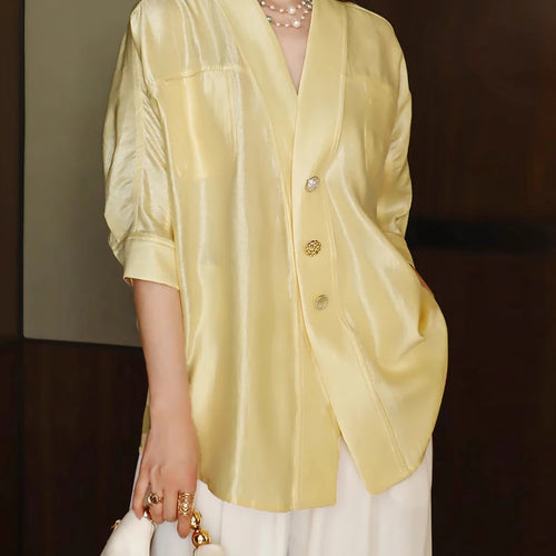 Load image into Gallery viewer, Soild Loose Spliced Single Breasted Elegant Shirts for Women V Neck Half Sleeves Minimalist Shirt Female Clothing
