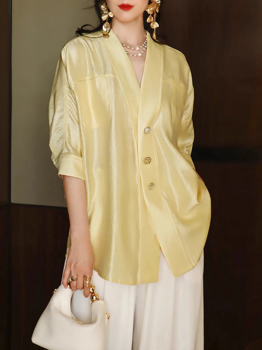 Soild Loose Spliced Single Breasted Elegant Shirts for Women V Neck Half Sleeves Minimalist Shirt Female Clothing