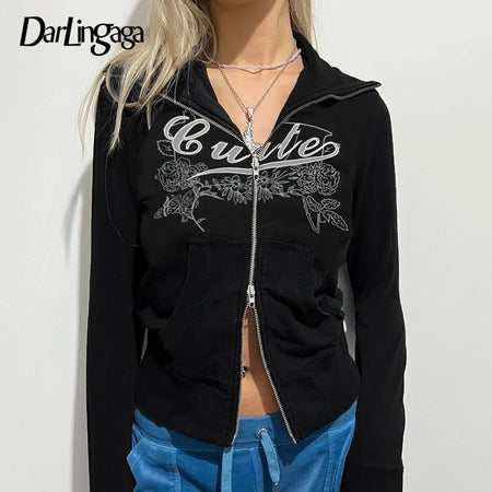 Streetwear Floral Letter Printed Zip-Up Jacket Women Gothic Dark Harajuku Autumn Coat Outwear Y2K Aesthetic Jackets