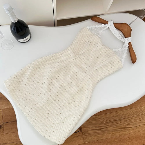 Load image into Gallery viewer, Summer Women Beige Sleeveless Temperament Hollow Out Halter Short Dress French Vintage Elegant Festival Backless Chic Mini Dress
