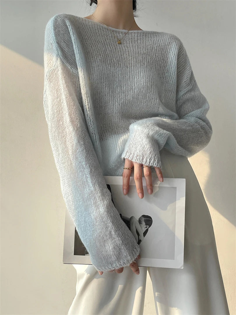 Thin Beige Big Size Knitting Sweater Round Neck Long Sleeve Women Pullovers New Fashion Tide Spring Summer 2025 1DF0250