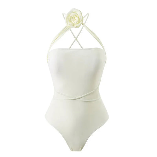 Load image into Gallery viewer, White 3D Flower Women One Piece Swimsuit 2025 Female Swimwear Bandeau Monokini Swimming Suit High Waist Beachwear
