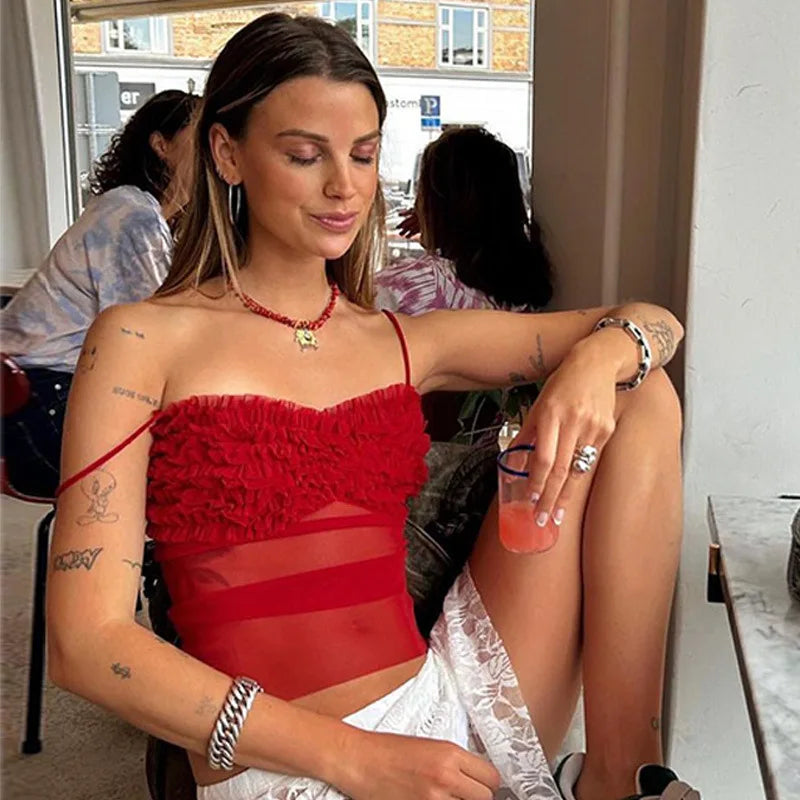 Spaghetti Strap Mesh Pleated Sexy Crop Tops Women Red Strapless Sleeveless Backless Skinny Club Tank Tops Clubwear