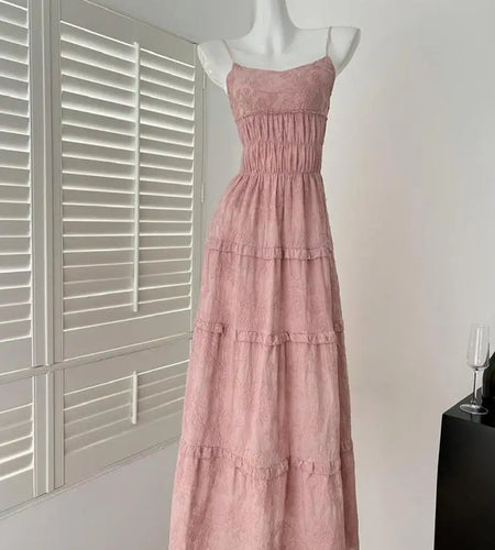 Summer French Vintage Pink Elegant Slim Backless Party Dress Women White High Waist Sleeveless Ruffle Edge Slip Long Dress Trend