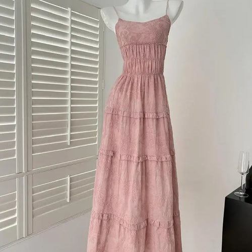 Load image into Gallery viewer, Summer French Vintage Pink Elegant Slim Backless Party Dress Women White High Waist Sleeveless Ruffle Edge Slip Long Dress Trend
