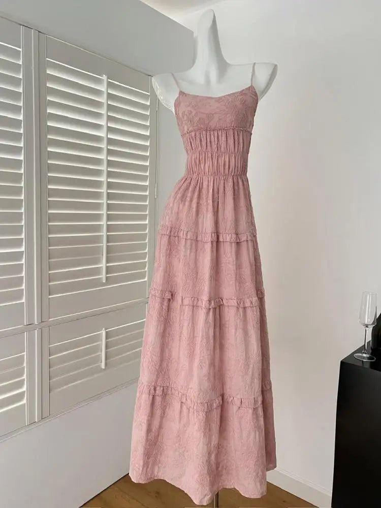 Summer French Vintage Pink Elegant Slim Backless Party Dress Women White High Waist Sleeveless Ruffle Edge Slip Long Dress Trend